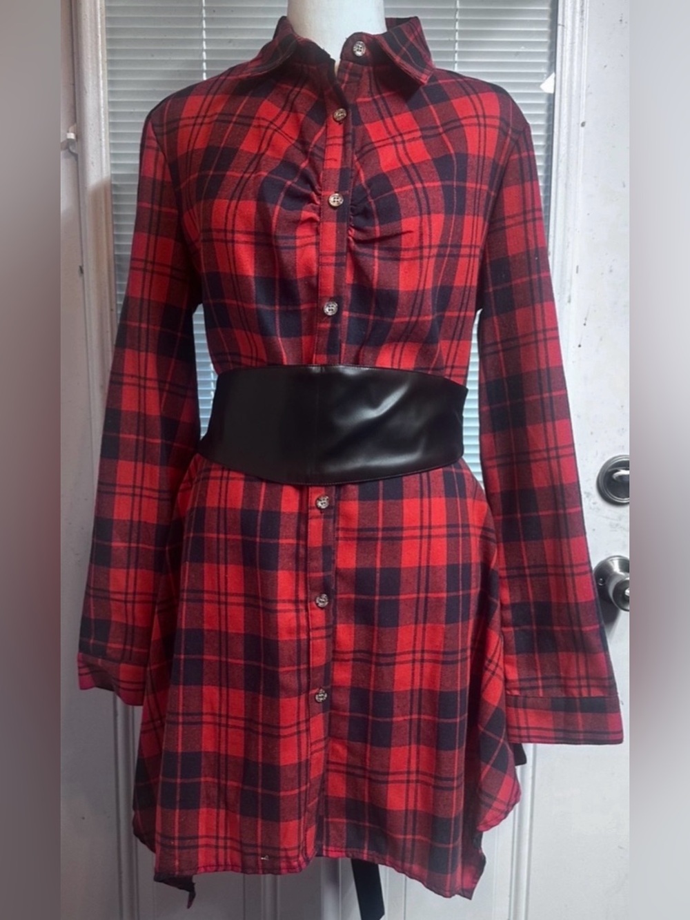# Red & Black Plaid Button-Front Shirt Dress with Wide Black Waist Belt